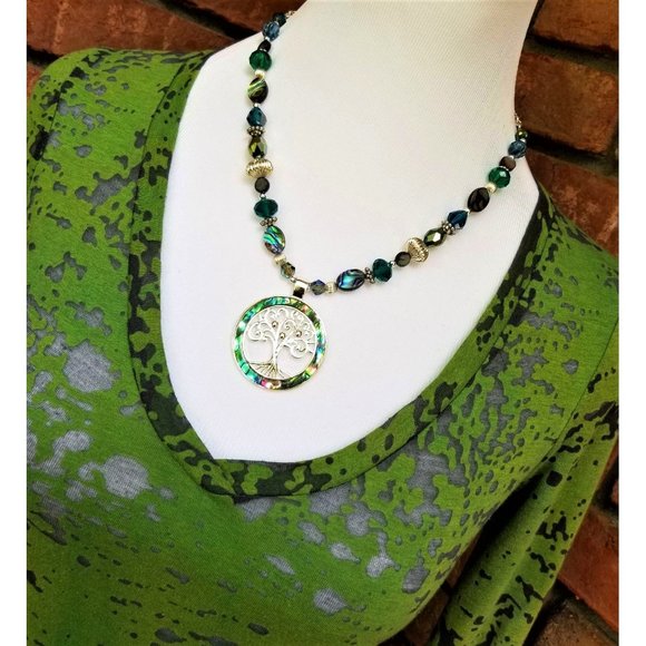 Jewelry - Necklace & Earrings Ensemble. Tree of Life. Abalone Shell & Silver Beaded.